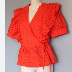 J Crew eyelet ruffle wrap top red orange